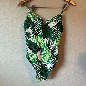 Tropical Leaf Print women’s L Swimsuit deep plunge front sexy beachy vacation